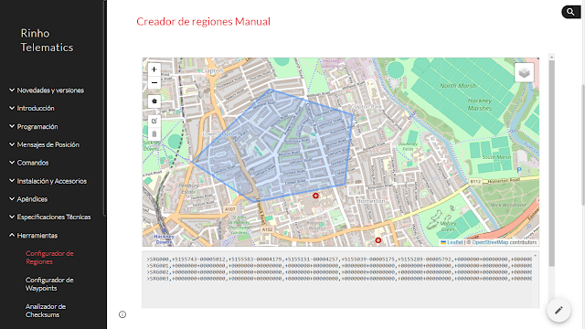 Interfaz del Creador de Regiones para configurar geocercas en dispositivos Rinho